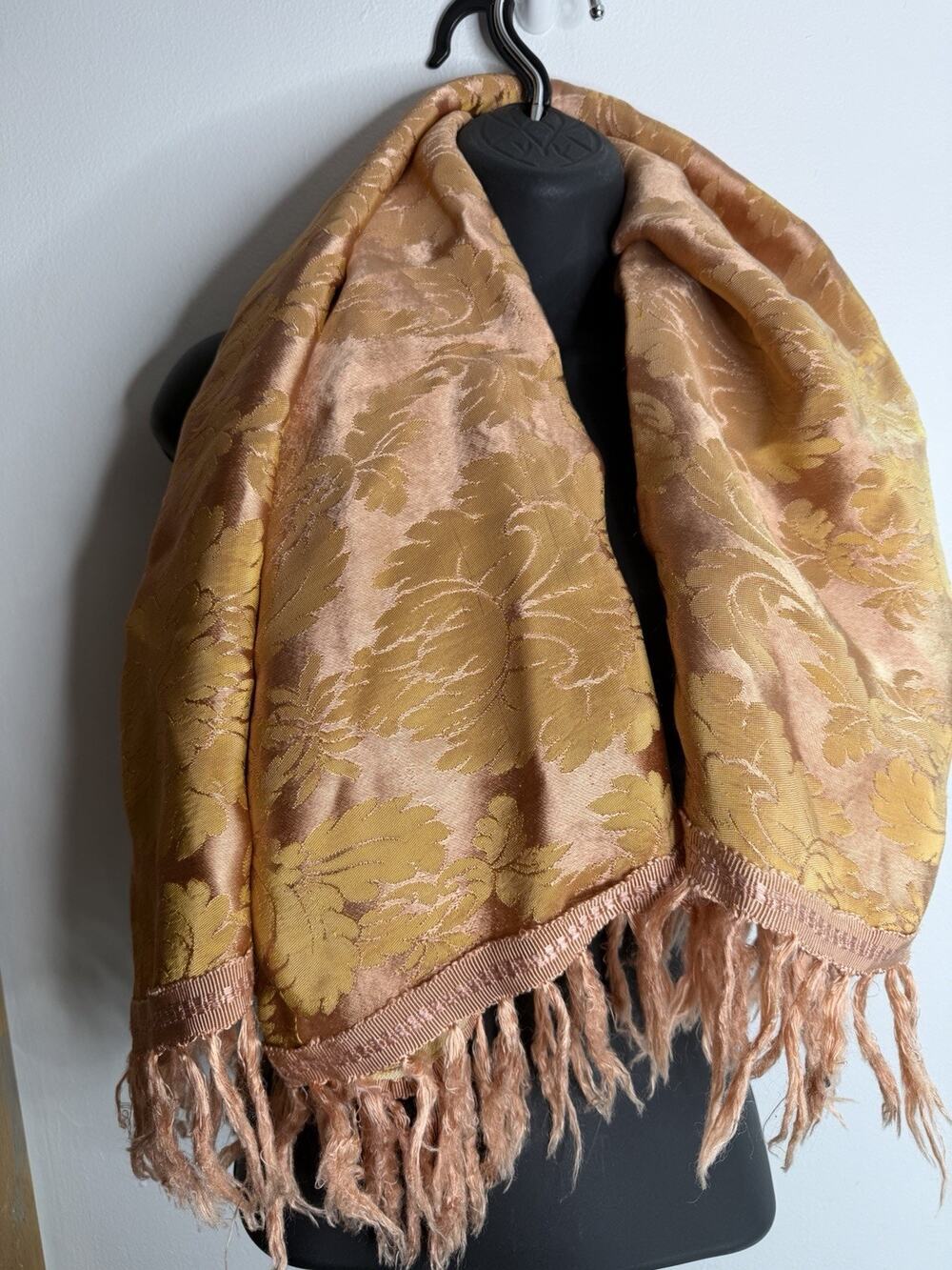 Antique Brocade Fringed Floral Piano Scarf Shawl Silk Tapestry Pink Yellow VTG